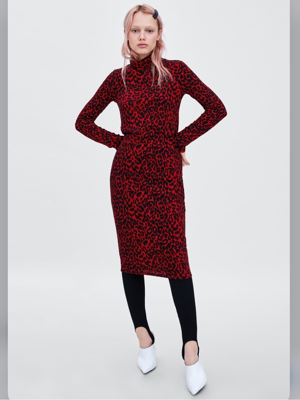 NWT Zara Red Leopard Print Turtleneck Midi Dress Large